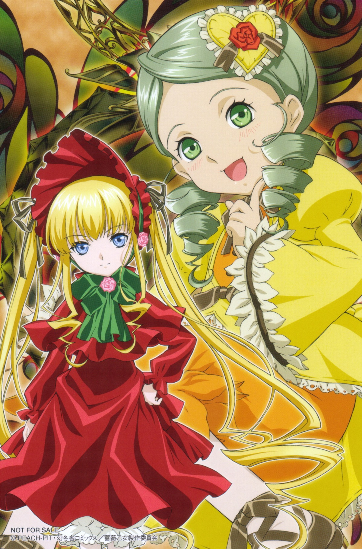 2girls :d blonde_hair blue_eyes bonnet bow bowtie dress drill_hair flower frills green_bow green_eyes image kanaria long_hair long_sleeves looking_at_viewer multiple_girls open_mouth pair red_dress rose shinku smile twin_drills twintails