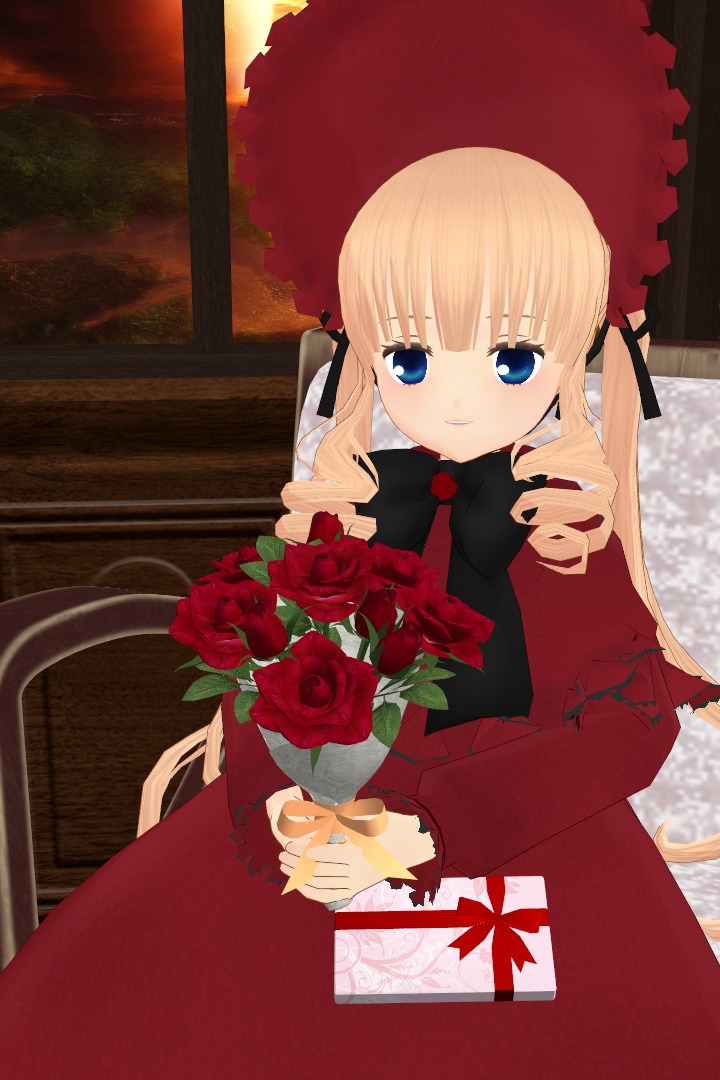 1girl blonde_hair blue_eyes bouquet dress drill_hair flower hair_ribbon image long_hair long_sleeves looking_at_viewer red_dress red_flower red_rose ribbon rose shinku smile solo twin_drills twintails