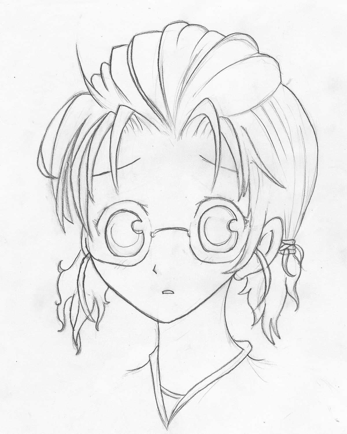 1girl glasses greyscale human looking_at_viewer monochrome sakurada_nori solo traditional_media upper_body