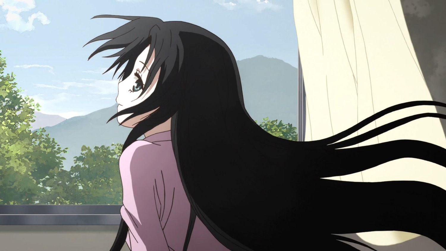 1girl black_hair cloud cloudy_sky curtains day from_side hime_cut human image kakizaki_megu lake long_hair long_sleeves looking_back mountain outdoors profile railing screenshot sky solo tree upper_body very_long_hair water