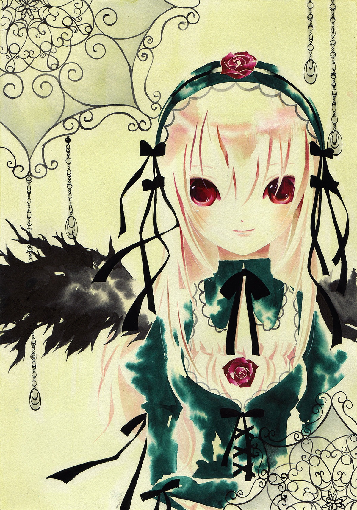 1girl black_ribbon dress flower frills hairband image long_hair long_sleeves looking_at_viewer red_eyes ribbon rose simple_background smile solo suigintou traditional_media twitter_username wings