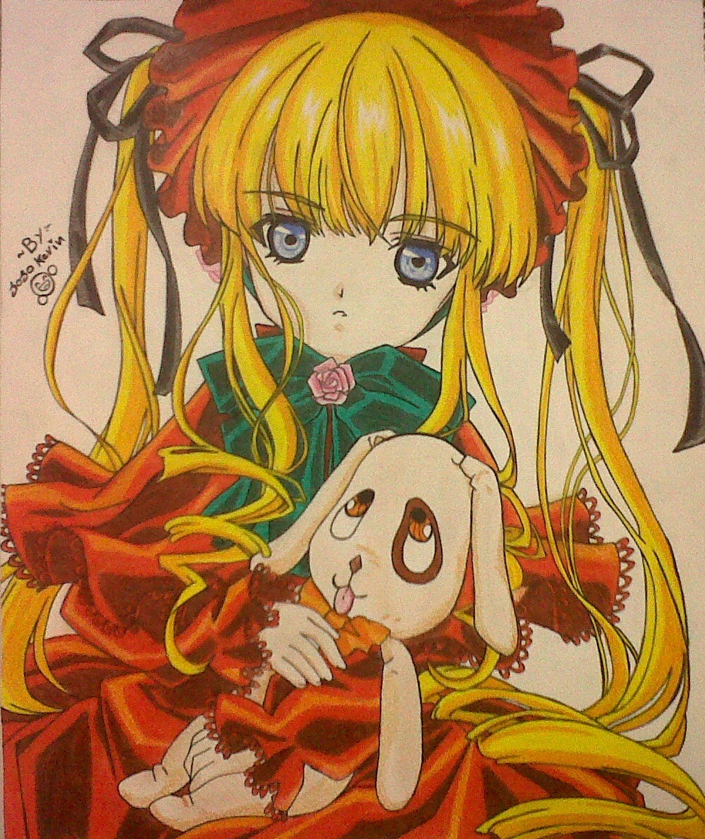 1girl bangs blonde_hair blue_eyes bonnet bow dated dress drill_hair eyebrows_visible_through_hair flower frills green_bow holding image long_hair long_sleeves looking_at_viewer marker_(medium) red_dress rose shinku sidelocks simple_background solo stuffed_animal traditional_media twin_drills twintails