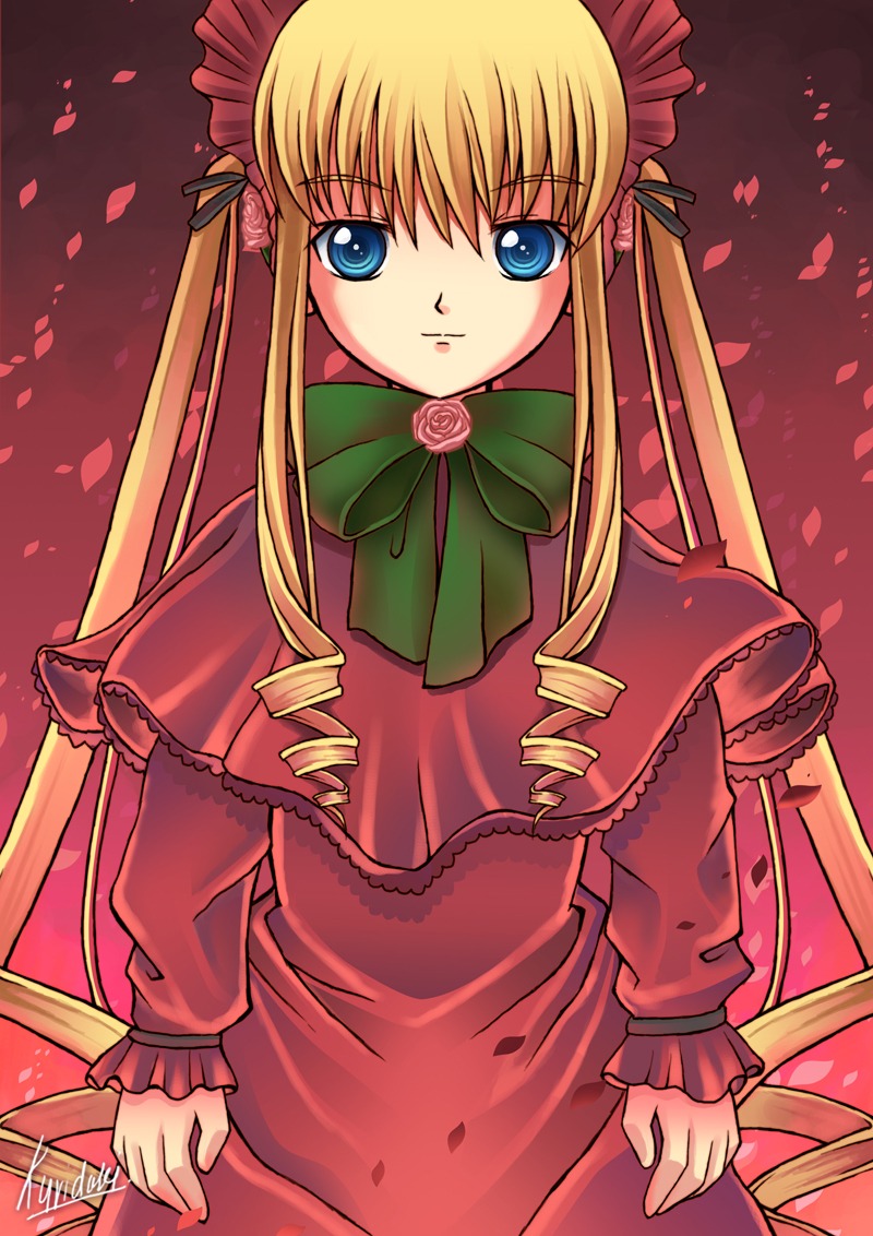 1girl auto_tagged blonde_hair blue_eyes bow bowtie capelet cowboy_shot dress drill_hair flower green_bow green_neckwear image long_hair long_sleeves looking_at_viewer petals red_dress shinku sidelocks solo very_long_hair