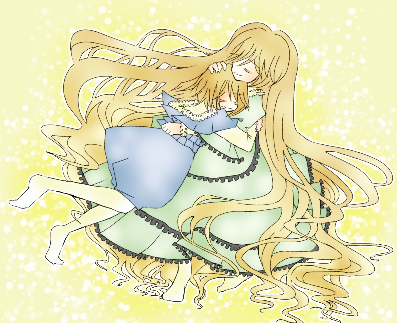 2girls barefoot blonde_hair closed_eyes dress halftone halftone_background hug image long_hair multiple_girls polka_dot polka_dot_background siblings solo souseiseki suiseiseki twins very_long_hair yellow_background