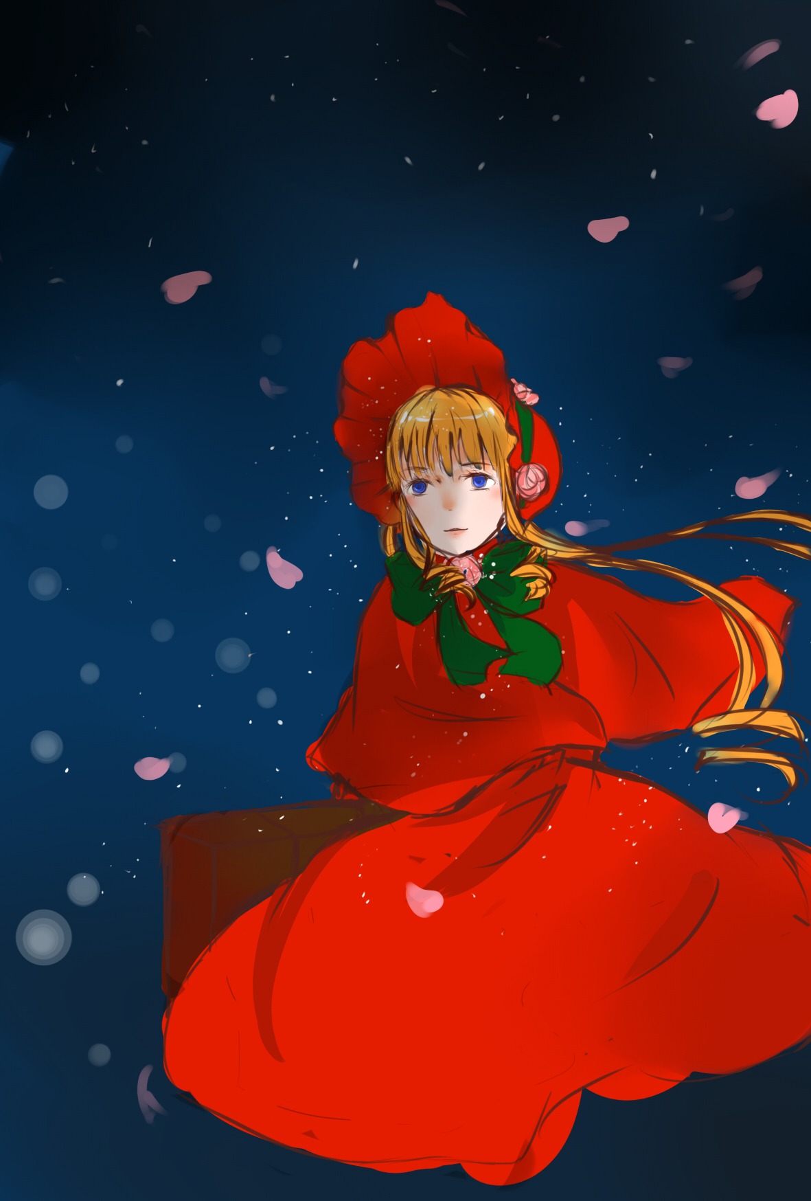 1girl blonde_hair blue_eyes bonnet bow capelet cherry_blossoms dress flower green_bow green_neckwear image long_hair night petals red_capelet red_dress rose rose_petals shinku sky solo