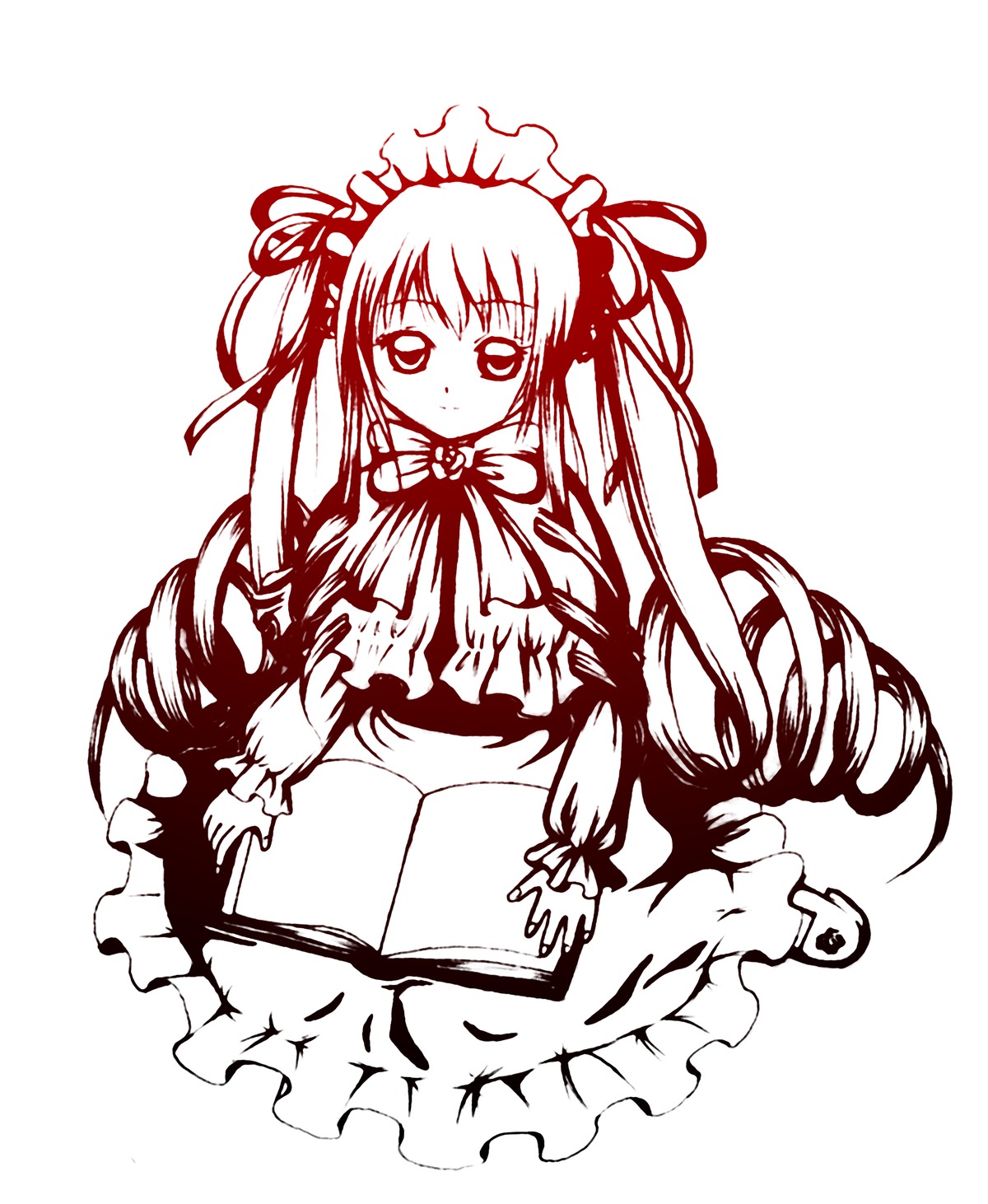 1girl book dress drill_hair frills image long_hair long_sleeves looking_at_viewer monochrome ribbon shinku simple_background solo striped twin_drills twintails very_long_hair white_background