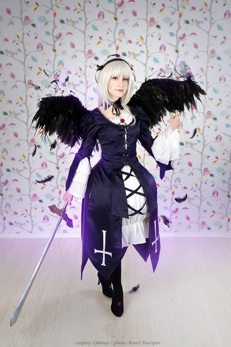1girl black_dress black_wings boots dress feathers hairband solo suigintou sword weapon white_hair wings