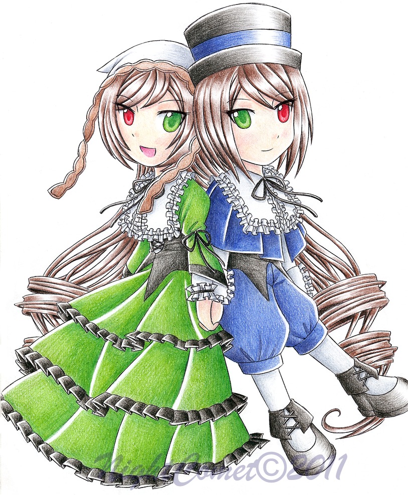 2girls braid dress frills green_dress green_eyes hat heterochromia image long_hair multiple_girls open_mouth pair red_eyes short_hair siblings sisters smile souseiseki suiseiseki traditional_media twins very_long_hair