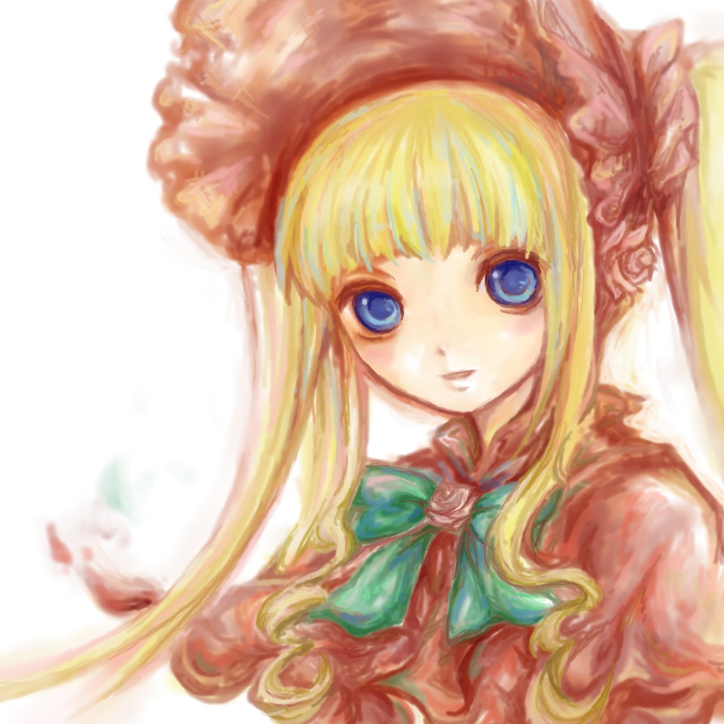 1girl auto_tagged bangs blonde_hair blue_eyes blunt_bangs bonnet bow bowtie dress flower green_bow green_neckwear image long_hair long_sleeves looking_at_viewer pink_flower pink_rose red_dress rose shinku simple_background solo upper_body white_background