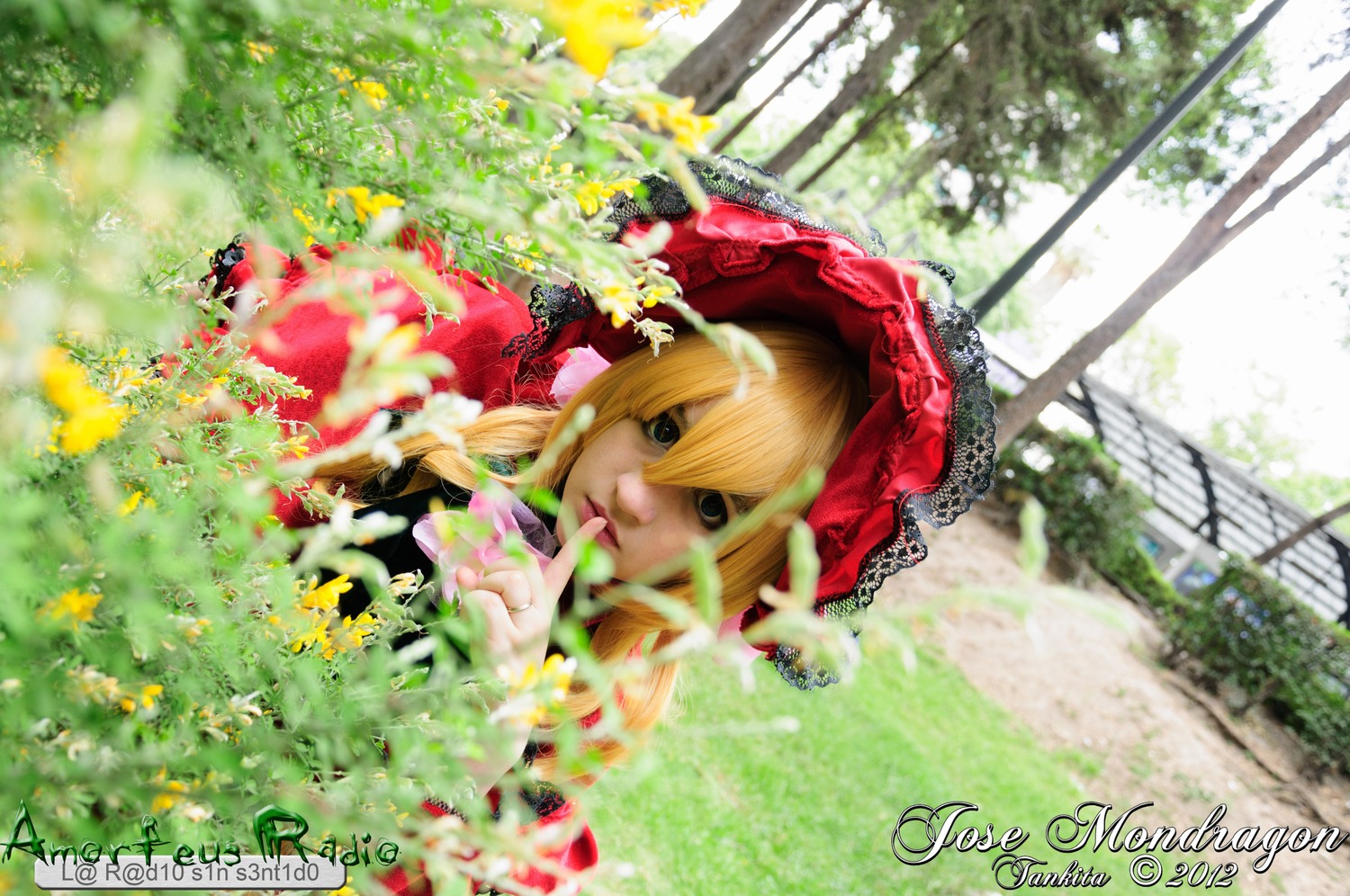 1girl artist_name blonde_hair bug butterfly dress flower hat insect shinku solo watermark web_address