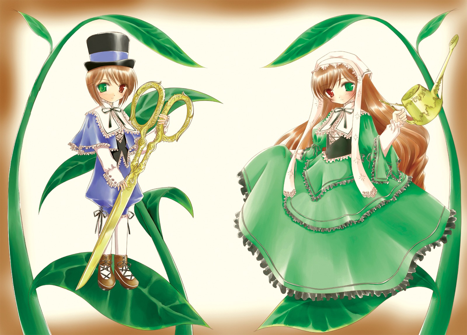 2girls brown_hair cup dress frills full_body green_dress green_eyes hat heterochromia image long_hair long_sleeves looking_at_viewer multiple_girls pair plant red_eyes scissors short_hair siblings sisters souseiseki standing suiseiseki top_hat twins very_long_hair watering_can