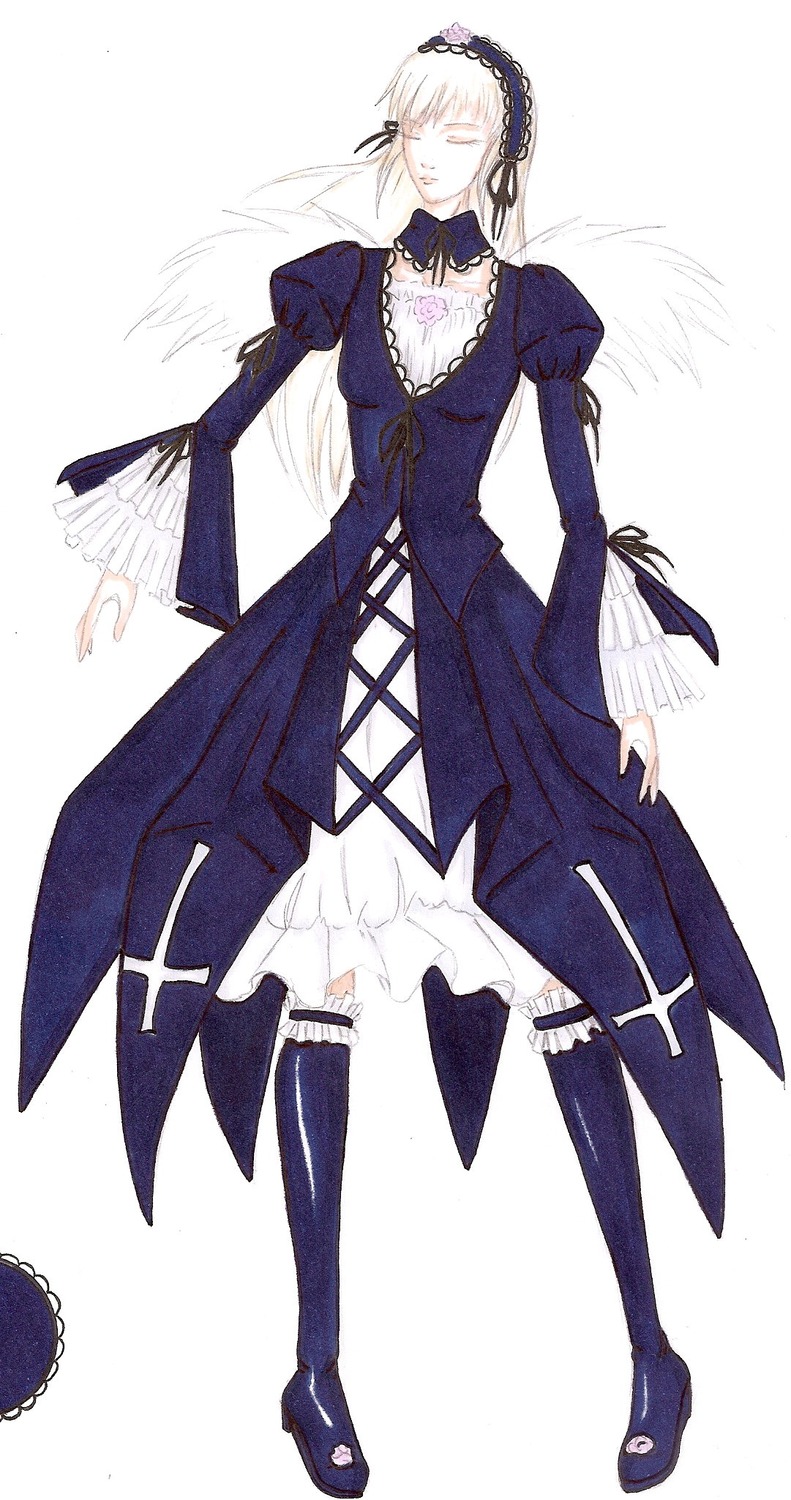 1girl closed_eyes dress frills full_body hairband image long_sleeves puffy_sleeves solo standing suigintou thighhighs wings
