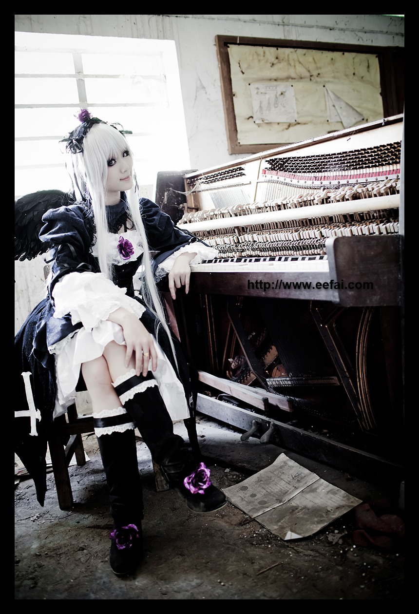 1girl auto_tagged boots dress frills long_hair sitting solo suigintou wings