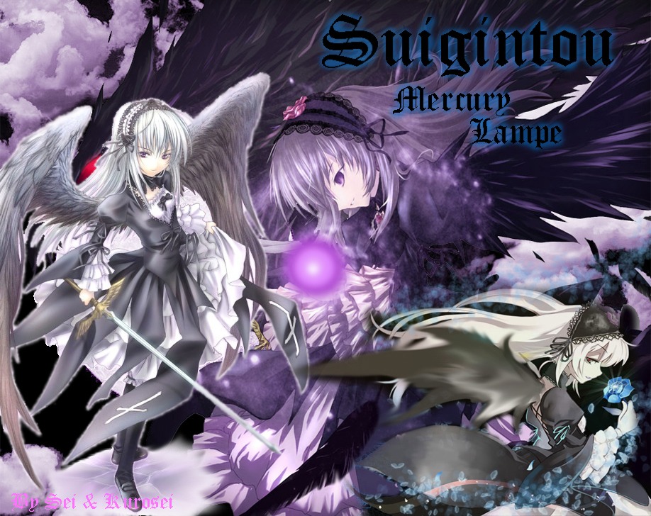 1girl black_wings boots copyright_name dress feathers flower frills hairband holding_weapon image long_hair long_sleeves looking_at_viewer multiple_girls purple_eyes silver_hair solo suigintou weapon wings