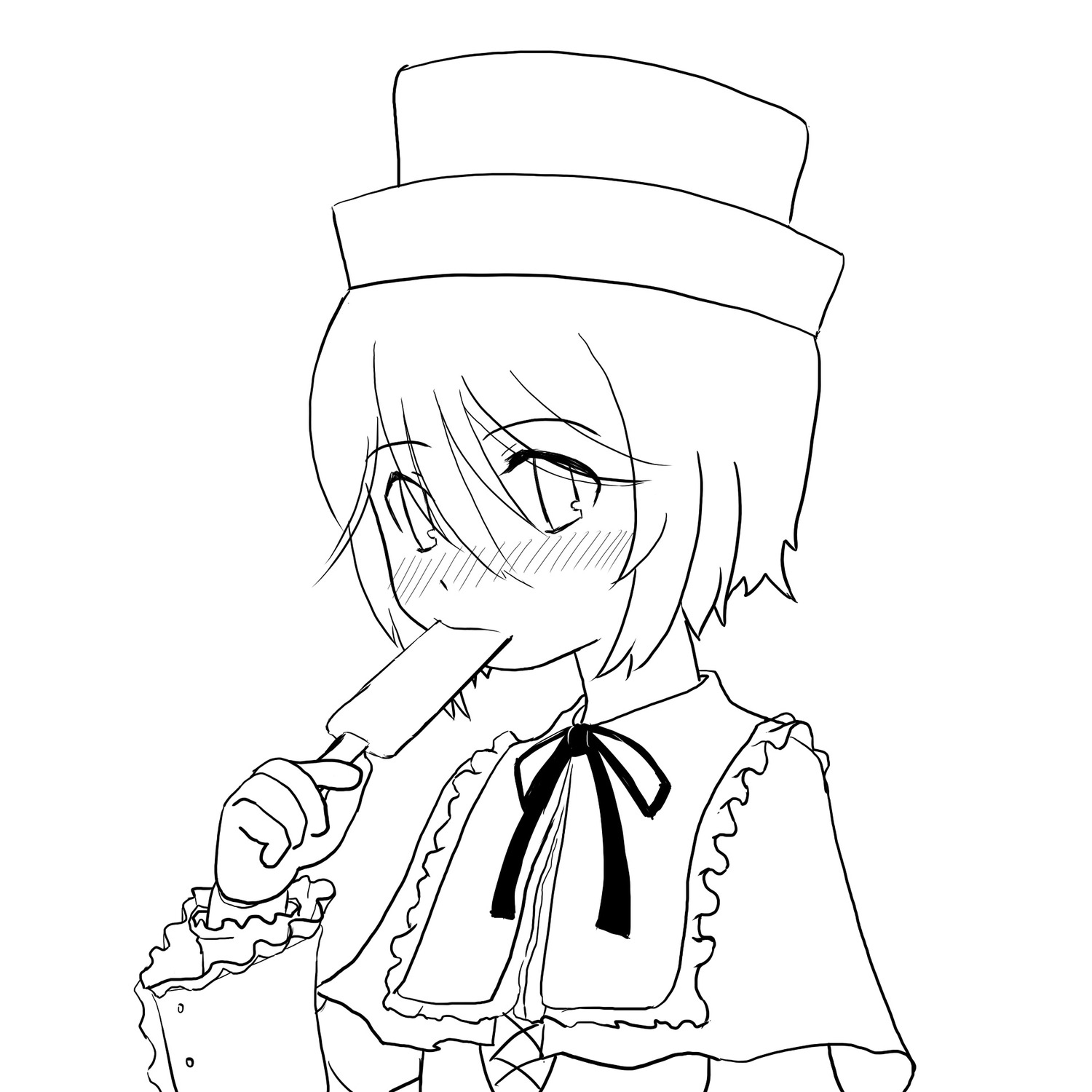 1girl bare_shoulders blush eating eyebrows_visible_through_hair food frills greyscale hat image long_sleeves monochrome neck_ribbon popsicle ribbon short_hair solo souseiseki upper_body