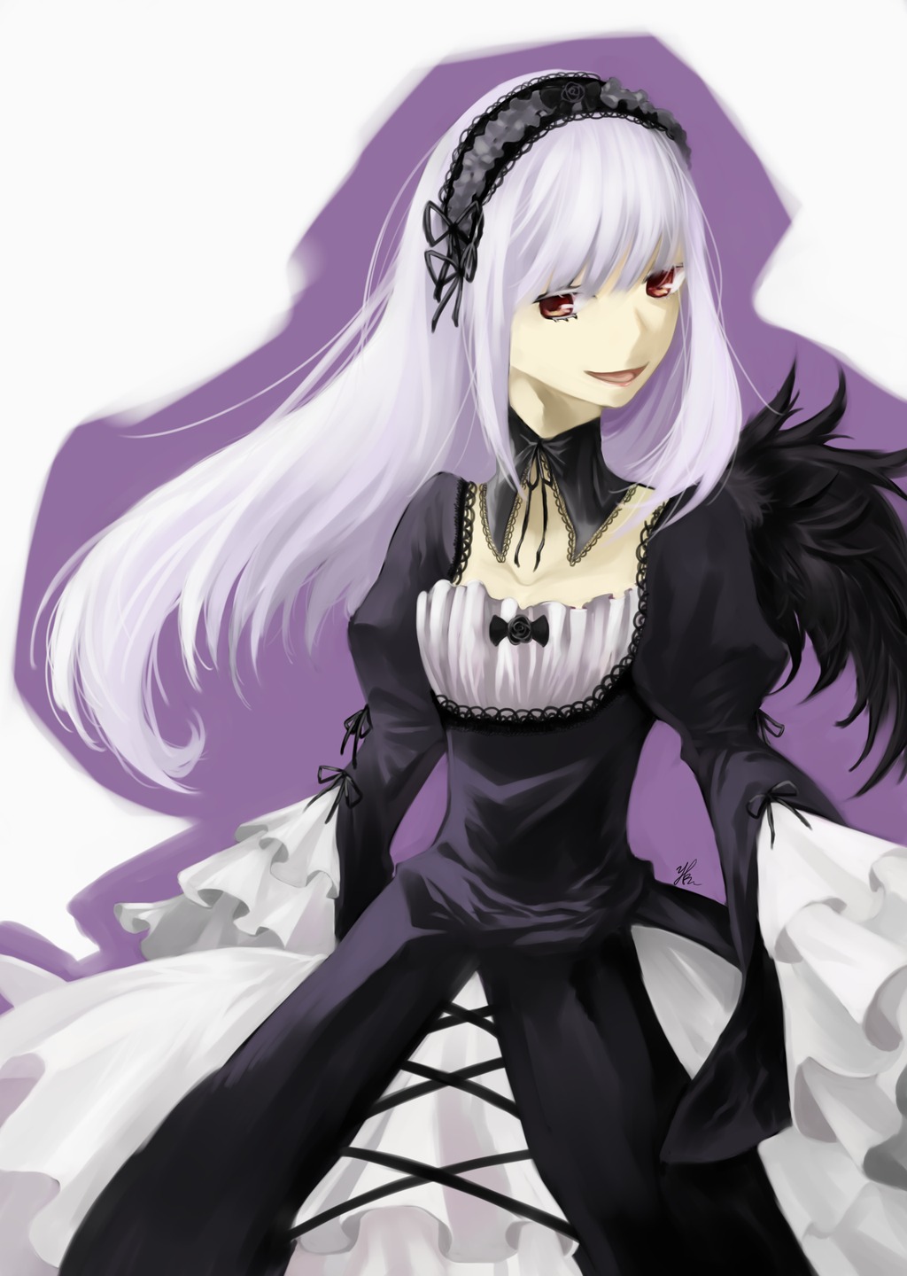 1girl black_dress black_ribbon cowboy_shot detached_collar dress frilled_sleeves frills hairband image juliet_sleeves lolita_fashion lolita_hairband long_hair long_sleeves looking_at_viewer puffy_sleeves red_eyes silver_hair smile solo suigintou very_long_hair