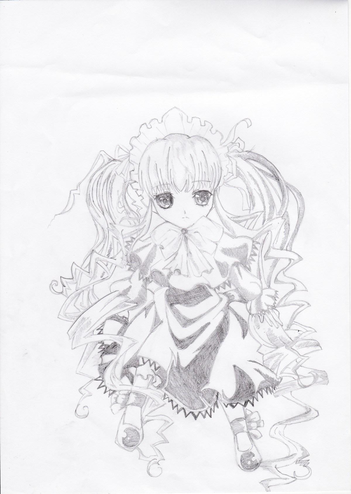 1girl bowtie dress full_body greyscale image long_hair long_sleeves looking_at_viewer monochrome shinku shoes solo standing striped twintails very_long_hair