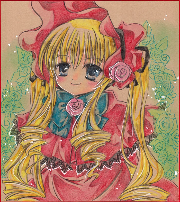 1girl 56657230_p0 blonde_hair blue_eyes bonnet bow colored_pencil_(medium) drill_hair flower image long_hair looking_at_viewer marker_(medium) millipen_(medium) pastel_(medium) pink_flower pink_rose red_flower red_rose rose shikishi shinku smile solo traditional_media twin_drills twintails very_long_hair watercolor_(medium)