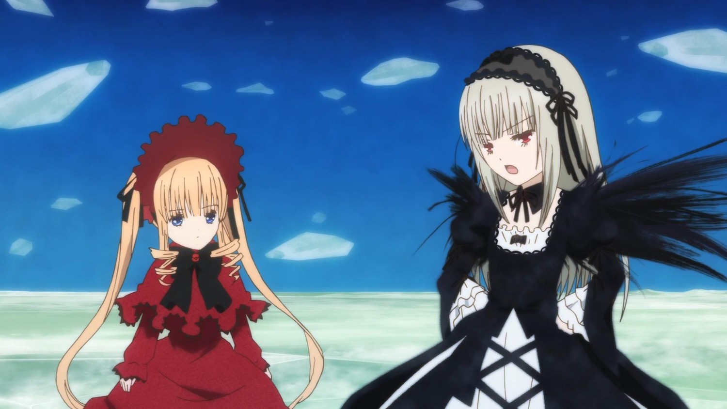 2girls black_wings blonde_hair blue_eyes bonnet bow day dress flower frills hairband image long_hair long_sleeves multiple_girls open_mouth outdoors pair red_dress red_eyes shinku silver_hair sky suigintou twintails very_long_hair wings