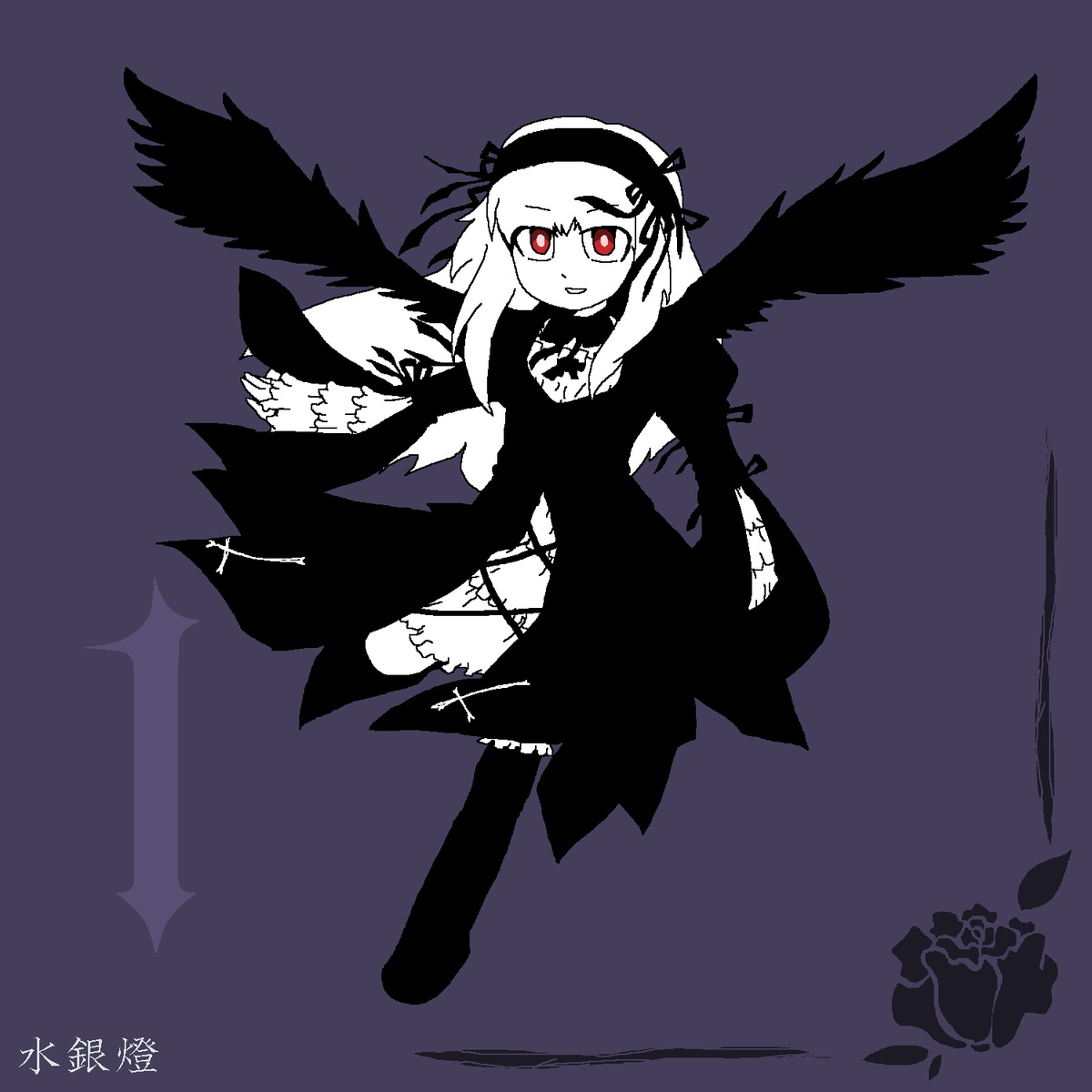 1girl black_wings dress image long_hair looking_at_viewer monochrome purple_background red_eyes simple_background solo suigintou thighhighs wings