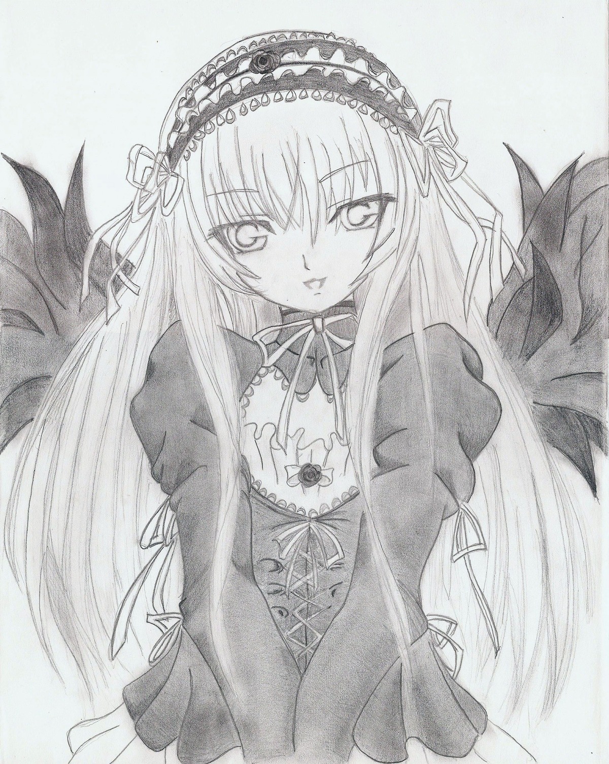 1girl :p black_wings detached_collar dress feathered_wings frills greyscale hairband image long_hair long_sleeves looking_at_viewer monochrome ribbon solo suigintou tongue_out traditional_media upper_body wings