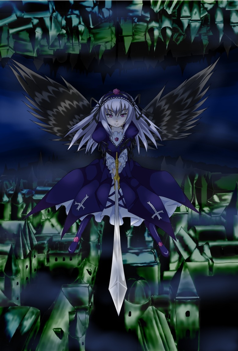 1girl black_wings cross dress feathers flower frills hairband image lolita_hairband long_hair long_sleeves red_eyes ribbon rose silver_hair solo standing suigintou wings