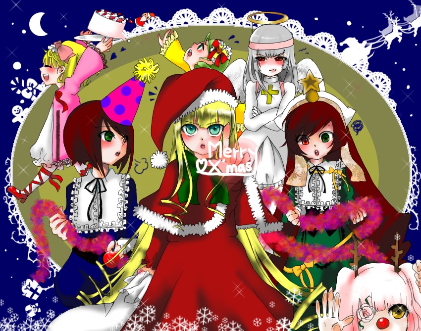 6+girls blonde_hair blush bow brown_hair christmas crescent_moon dress drill_hair food hat heterochromia hina_ichigo image long_hair long_sleeves moon multiple multiple_girls night open_mouth pink_bow pink_hair red_eyes santa_hat shinku short_hair siblings silver_hair sisters sky souseiseki suigintou suiseiseki tagme twin_drills twins very_long_hair