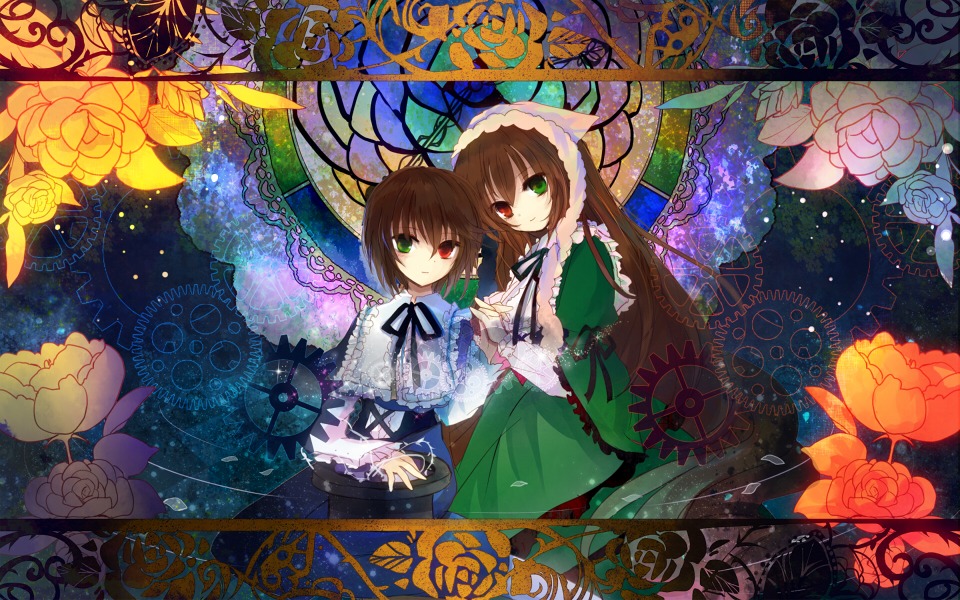 2girls blue_dress bow brown_hair capelet clock commentary_request dress expressionless floral_background flower frills green_dress green_eyes hat heterochromia holding_hands image kazu_(muchuukai) long_hair long_sleeves looking_at_viewer multiple_girls pair red_eyes ribbon rose rozen_maiden short_hair siblings sisters smile souseiseki suiseiseki twins very_long_hair yellow_flower yellow_rose