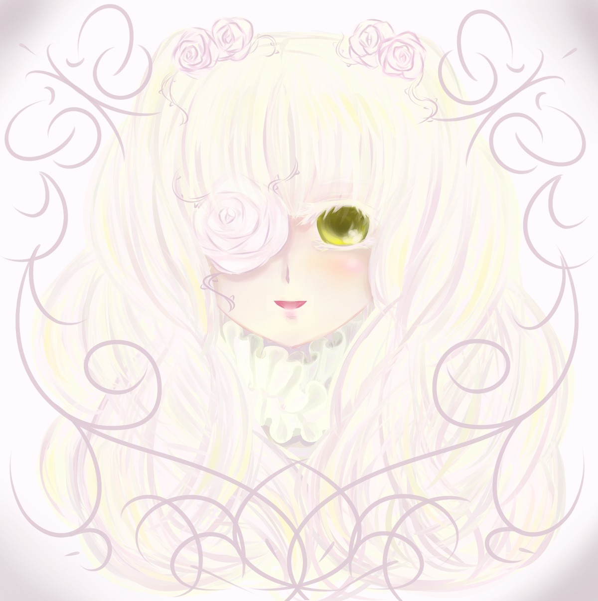 1girl bangs blonde_hair blush flower image kirakishou long_hair pink_flower pink_rose rose simple_background solo thorns white_flower white_hair white_rose yellow_eyes