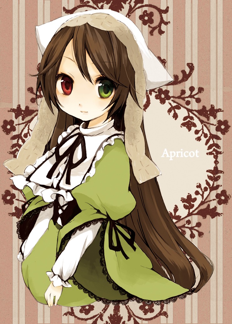 1girl bad_id bad_pixiv_id brown_hair dress frills green_dress green_eyes head_scarf heterochromia image long_hair long_sleeves looking_at_viewer photoshop_(medium) red_eyes ribbon rin_(royal) rozen_maiden solo striped_background suiseiseki very_long_hair