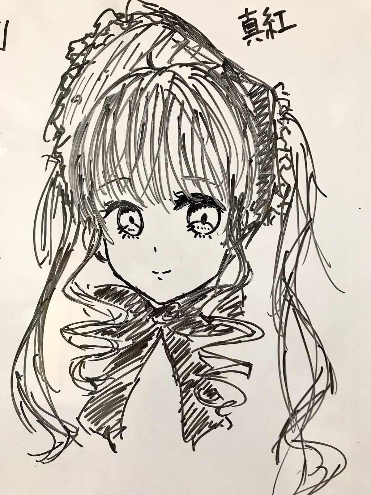 1girl bangs blush closed_mouth eyebrows_visible_through_hair frilled_hairband image long_hair looking_at_viewer monochrome photo portrait shinku simple_background sketch smile solo traditional_media twintails