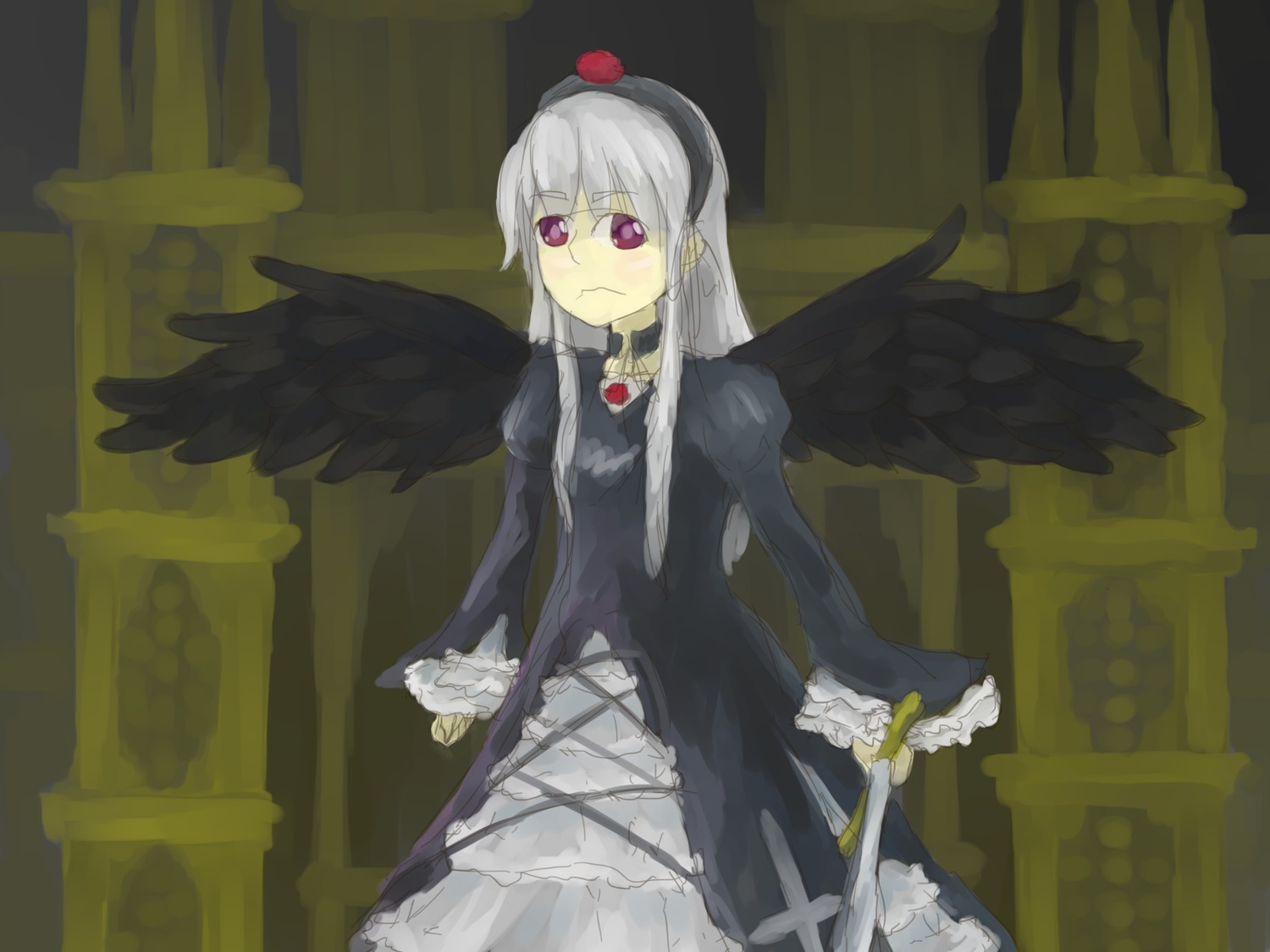 1girl black_wings dress feathered_wings hairband image long_hair long_sleeves solo standing suigintou wings