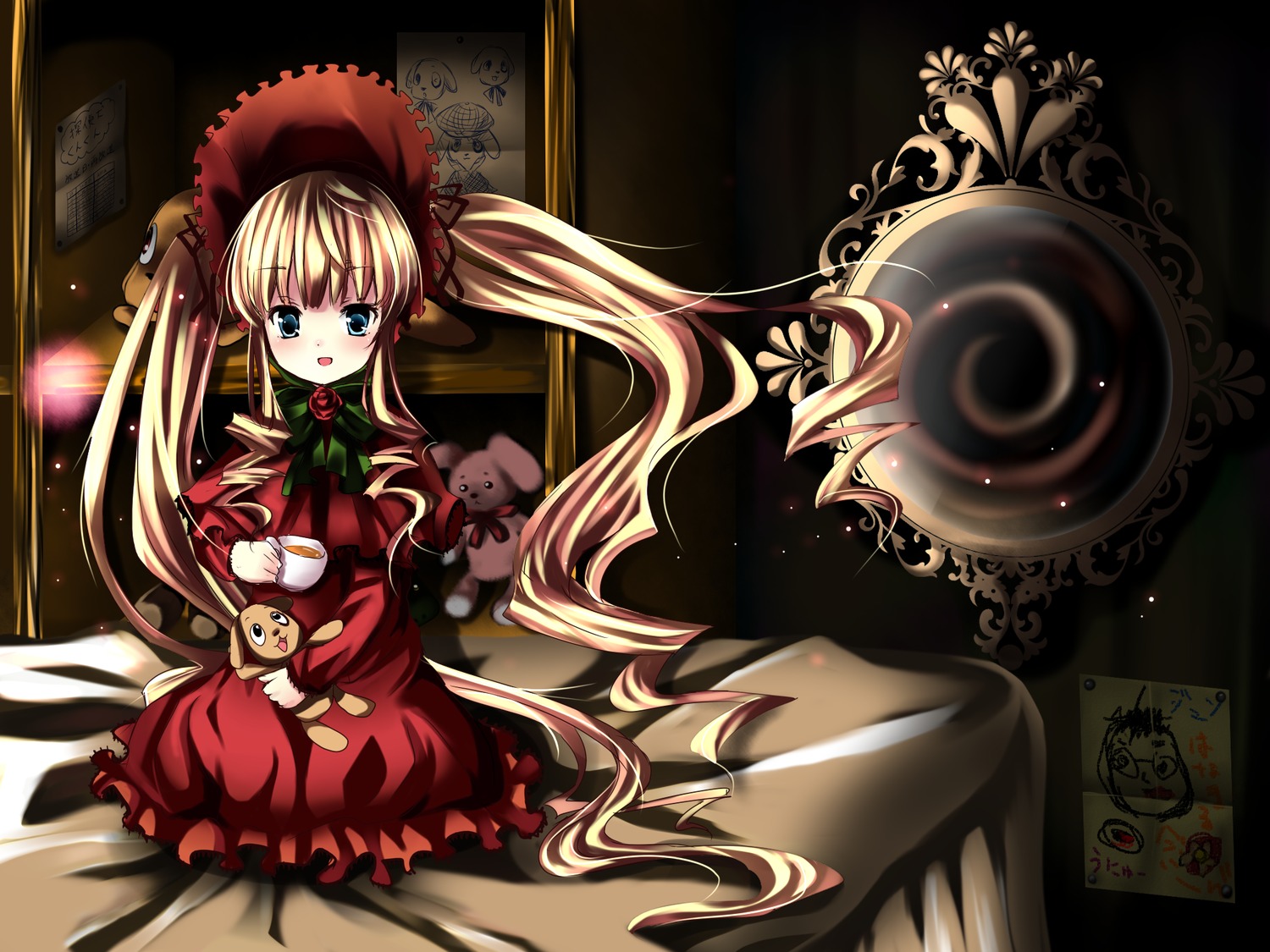 1girl blonde_hair blue_eyes bonnet bow commentary_request cup dress green_bow highres image kashii_ibu kunkun long_hair long_sleeves looking_at_viewer open_mouth red_dress rozen_maiden shinku sitting solo stuffed_animal twintails very_long_hair
