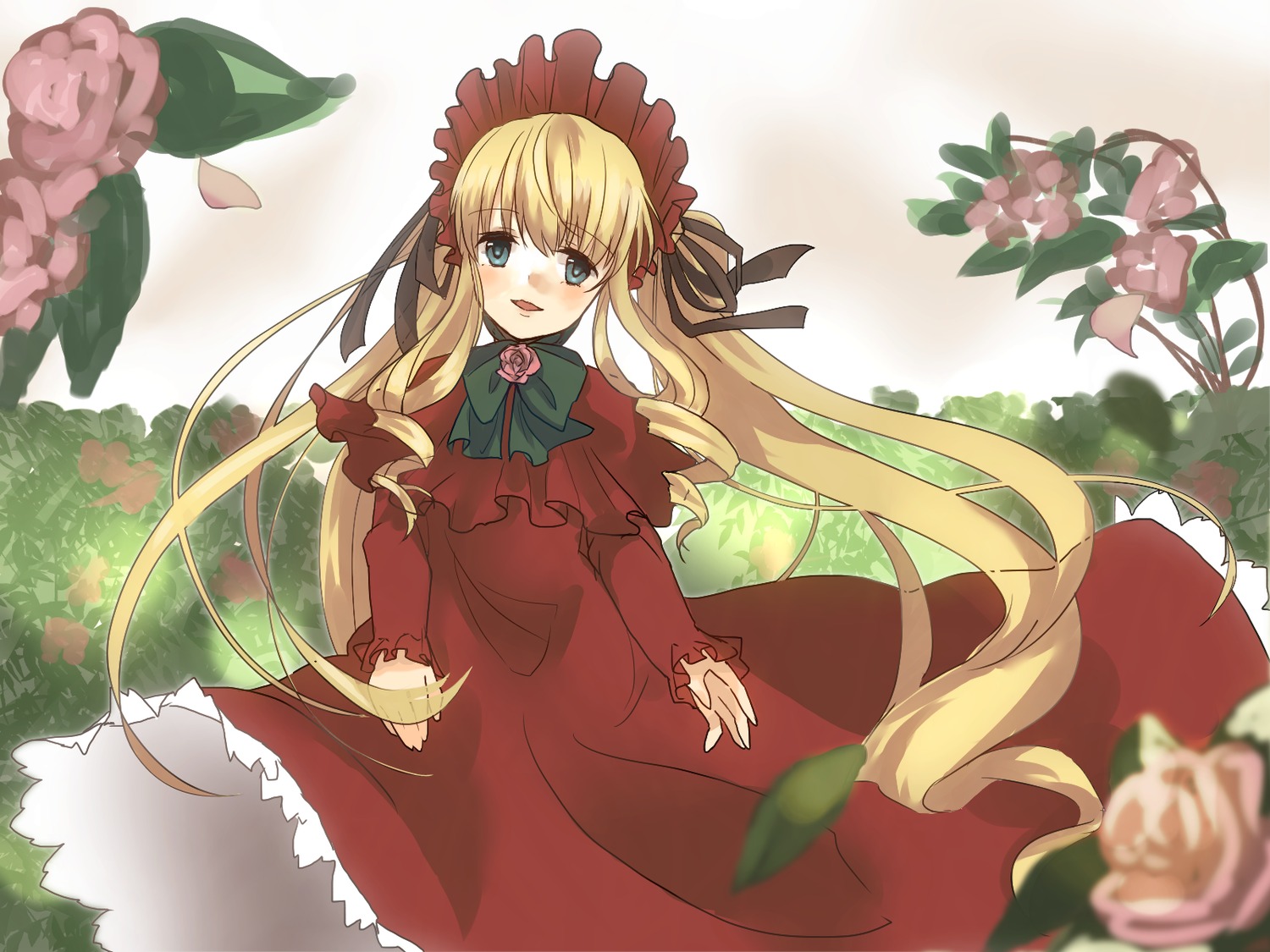 1girl blonde_hair blue_eyes blush bonnet bow bowtie dress flower green_bow image long_hair long_sleeves looking_at_viewer open_mouth pink_rose red_dress rose shinku sidelocks solo twintails very_long_hair