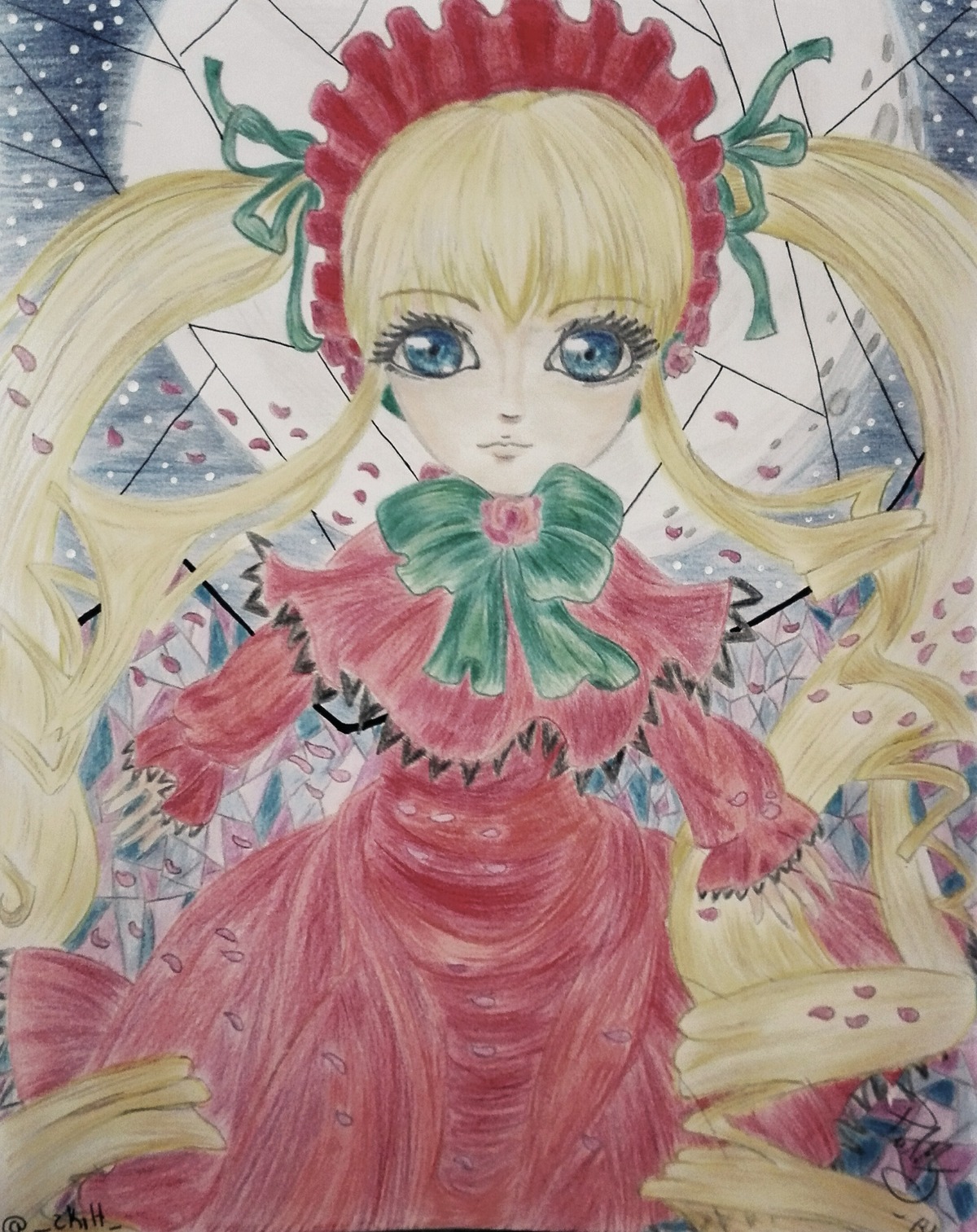 1girl blonde_hair blue_eyes bow bowtie dress flower green_bow image long_hair looking_at_viewer marker_(medium) petals photo red_dress rose rose_petals shinku signature solo traditional_media twintails watercolor_(medium)