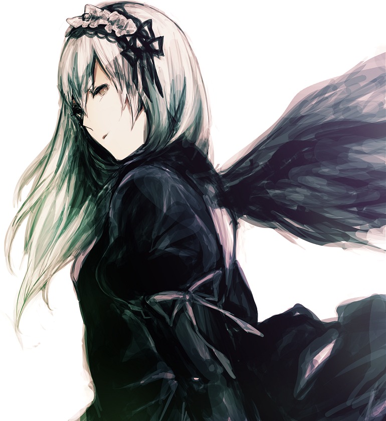 1girl bangs black_dress black_hairband black_ribbon closed_mouth dress from_side gothic_lolita hairband image juliet_sleeves lolita_fashion long_hair long_sleeves looking_at_viewer puffy_sleeves silver_hair simple_background solo suigintou upper_body white_background