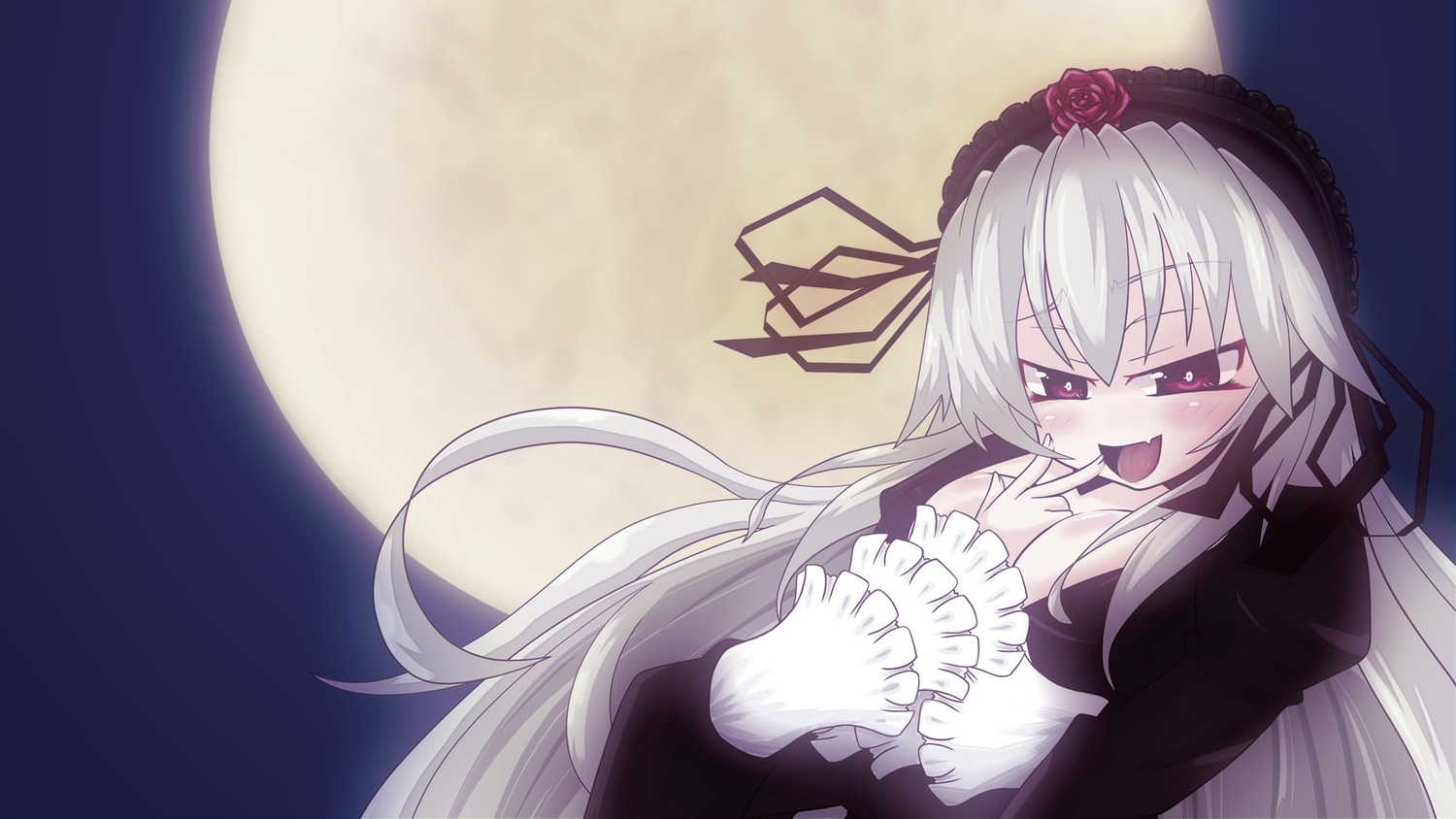 1girl dress flower full_moon hairband image lolita_hairband long_hair long_sleeves looking_at_viewer moon night open_mouth rose silver_hair smile solo suigintou very_long_hair