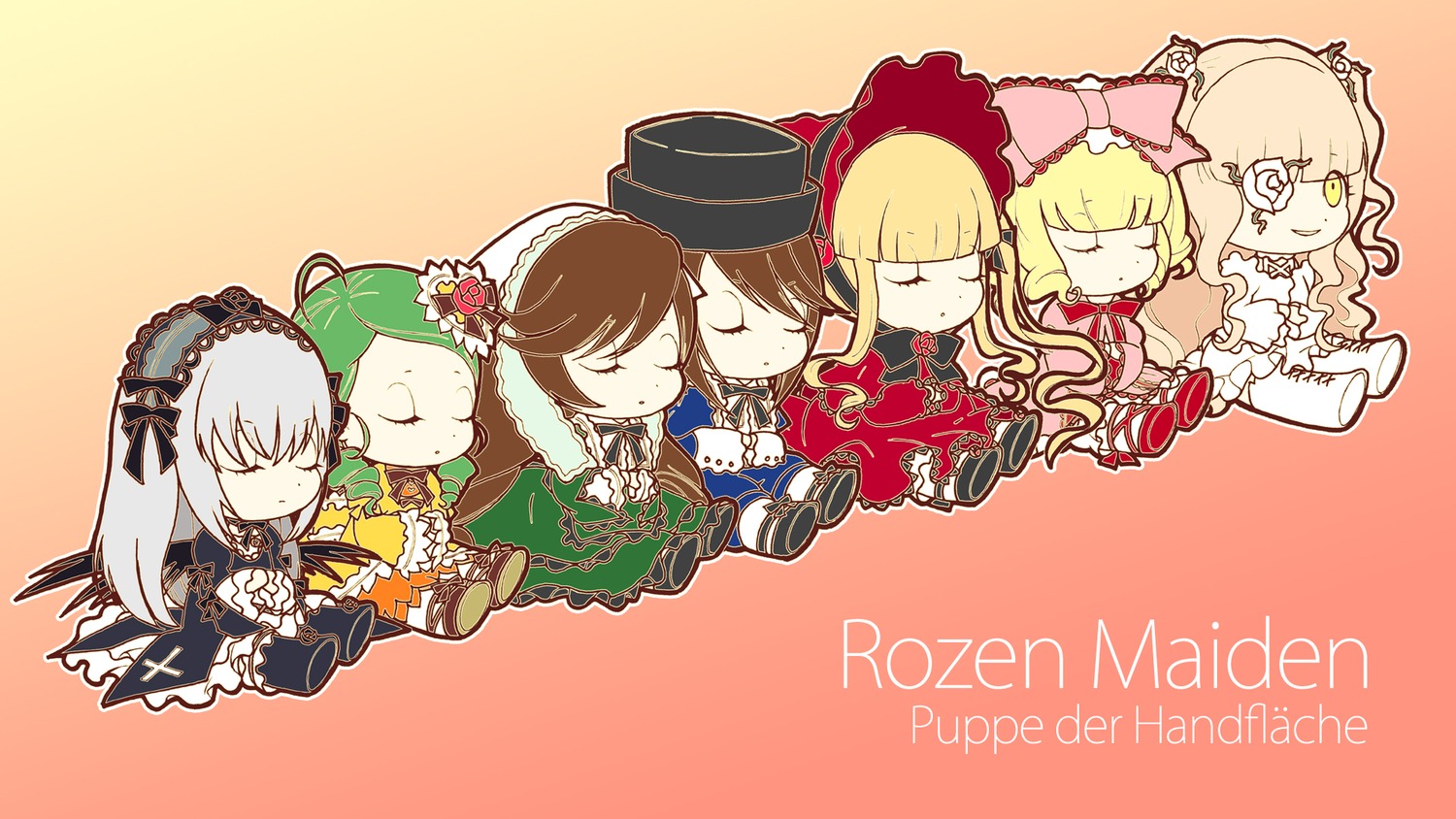 6+girls black_headwear blonde_hair bonnet bow brown_hair chibi closed_eyes dress drill_hair eyepatch flower frills green_hair hairband hat hina_ichigo holding_hands image kanaria lolita_fashion lolita_hairband long_hair long_sleeves mini_hat multiple multiple_girls pink_bow rose shinku short_hair silver_hair smile souseiseki suigintou suiseiseki tagme top_hat