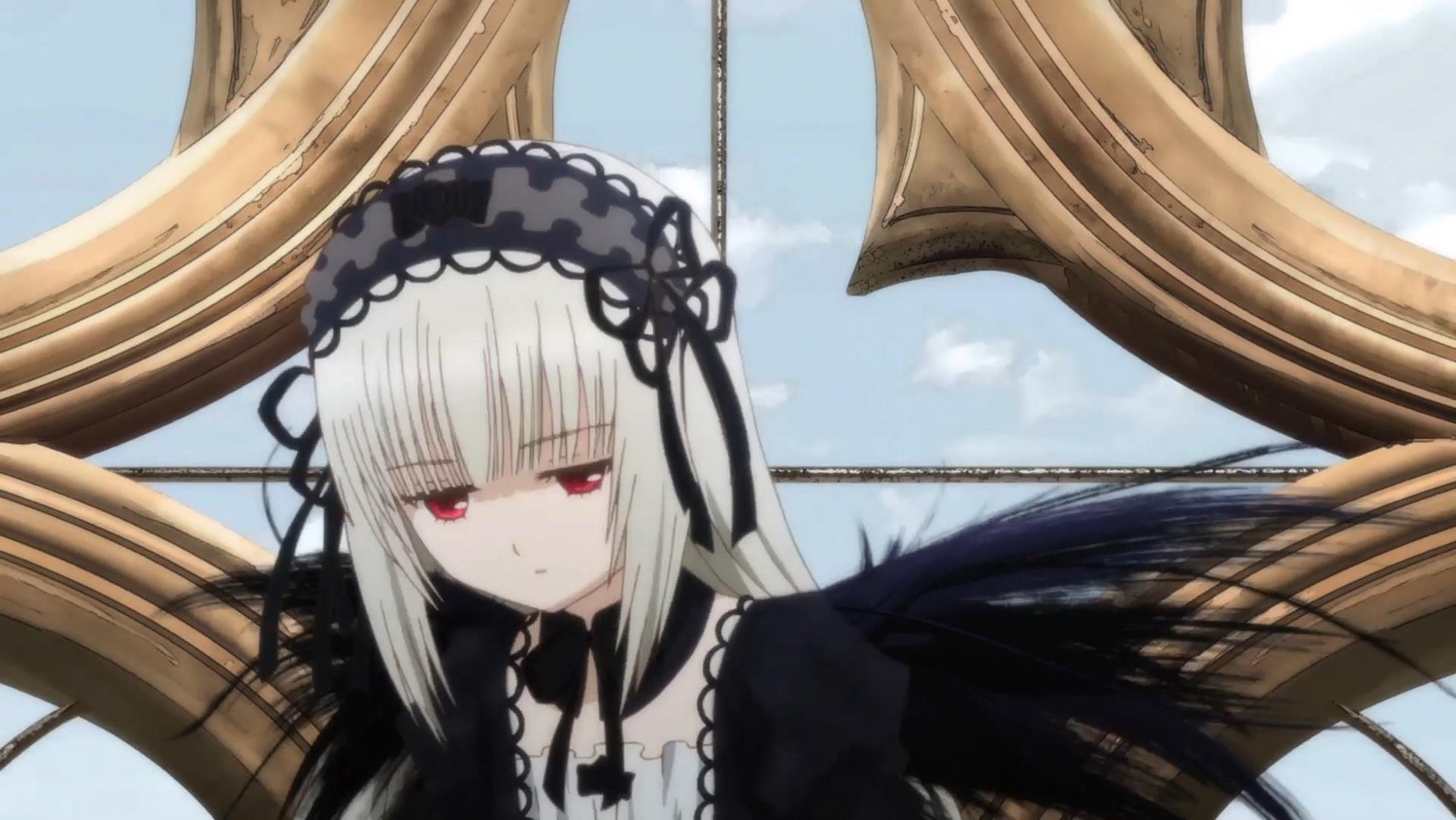 1girl bangs black_ribbon black_wings day detached_collar dress flower frills hairband image long_hair long_sleeves looking_at_viewer red_eyes ribbon rose silver_hair sky solo suigintou wings