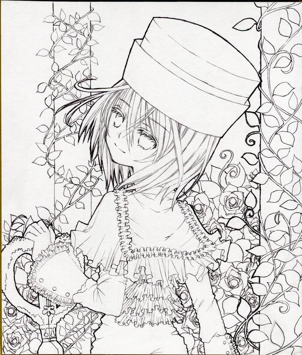 1girl auto_tagged capelet flower greyscale hat image long_sleeves looking_at_viewer looking_back monochrome rose short_hair smile solo souseiseki thorns traditional_media vines yumeki_kokoro
