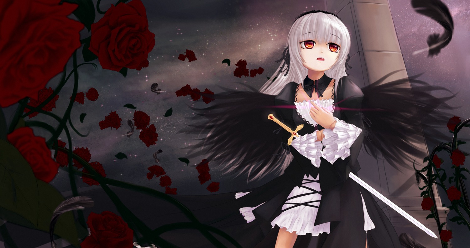 1girl blood choker cross dress feathers flower gothic_lolita heterochromia image lolita_fashion long_hair lying on_back open_mouth red_eyes red_flower red_rose rose rose_petals solo suigintou thorns wings