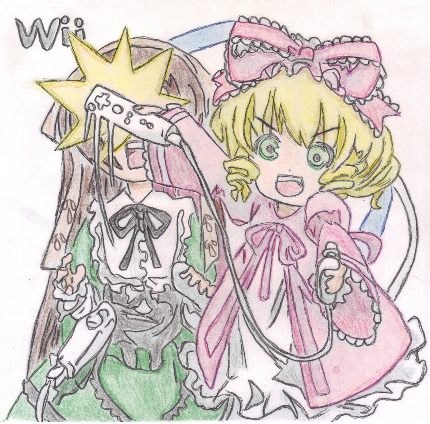 2girls blonde_hair blush_stickers bow colored_pencil_(medium) dress drill_hair frilled_sleeves frills hina_ichigo hinaichigo image long_hair long_sleeves multiple_girls open_mouth pair pink_bow ribbon shikishi smile suiseiseki traditional_media wide_sleeves