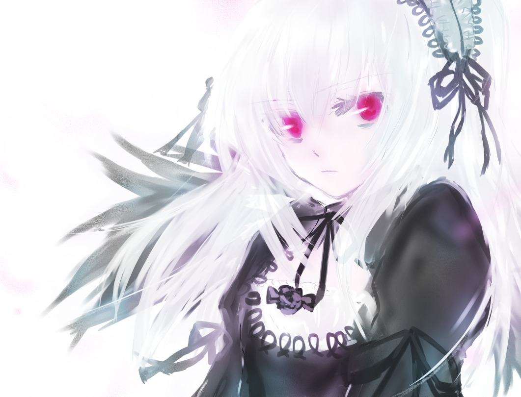 1girl auto_tagged bangs black_dress black_ribbon black_wings closed_mouth dress flower frills hairband image long_hair long_sleeves looking_at_viewer neck_ribbon red_eyes ribbon rose simple_background solo suigintou upper_body white_background white_hair wings