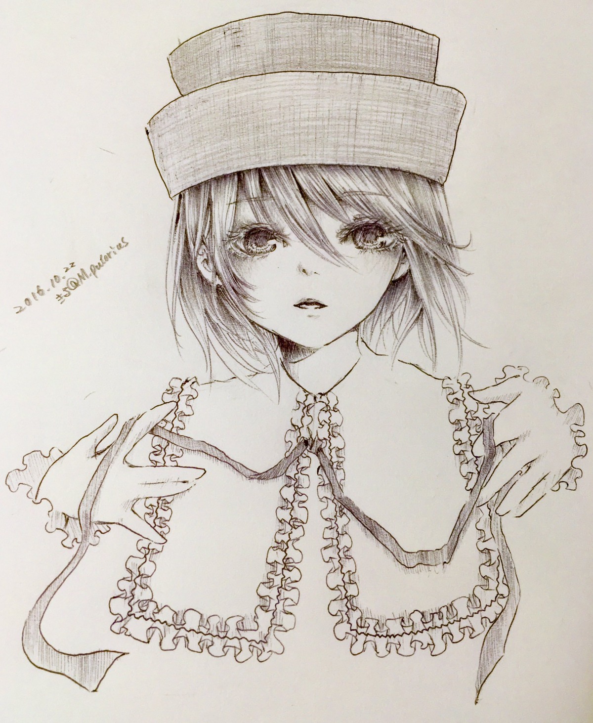 1girl bangs blush dated frills hat image looking_at_viewer monochrome short_hair solo souseiseki traditional_media upper_body