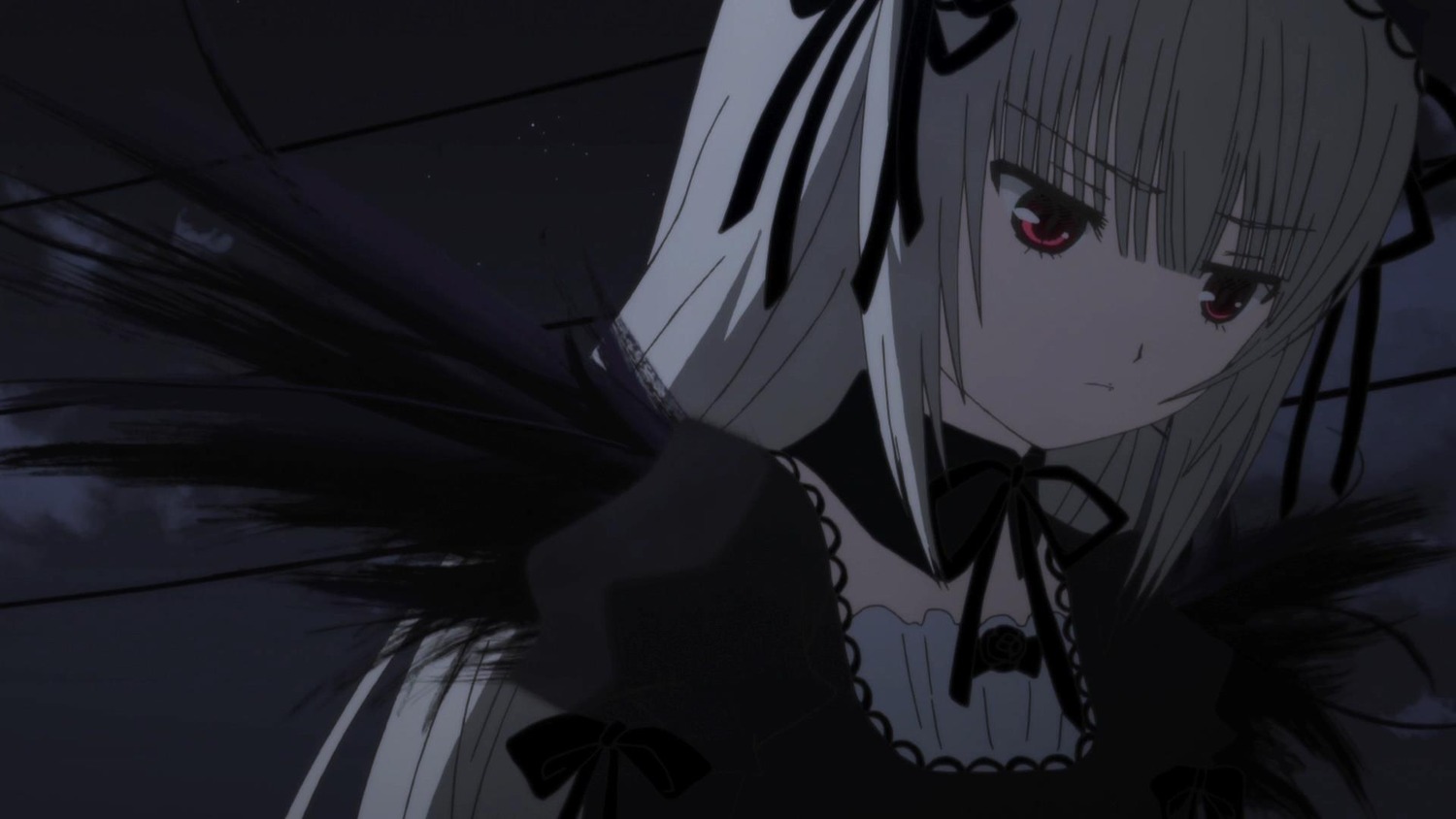 1girl bangs black_ribbon closed_mouth dress eyebrows_visible_through_hair frills hair_ribbon hairband image long_hair looking_at_viewer puffy_sleeves red_eyes ribbon silver_hair solo suigintou upper_body