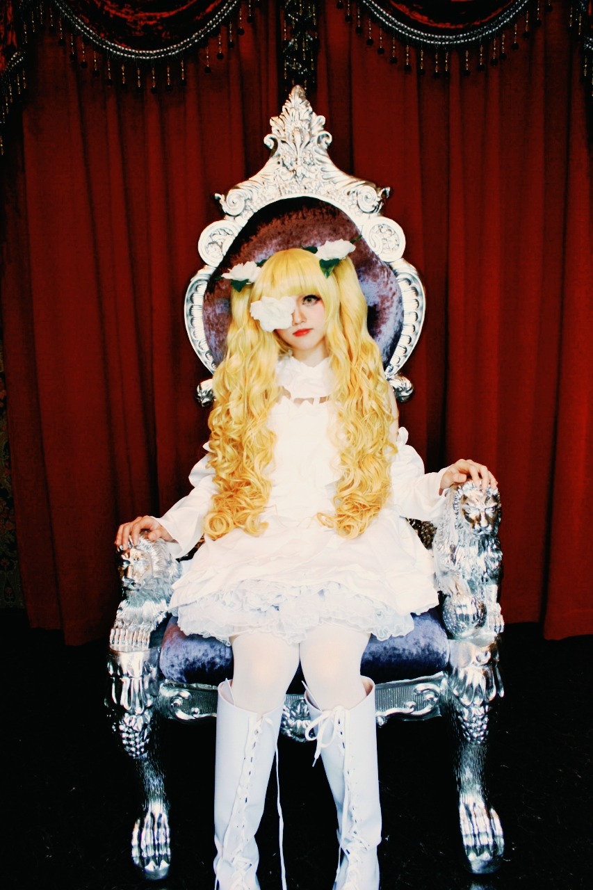 1girl blonde_hair boots curtains dress flower kirakishou knee_boots long_hair sitting solo throne