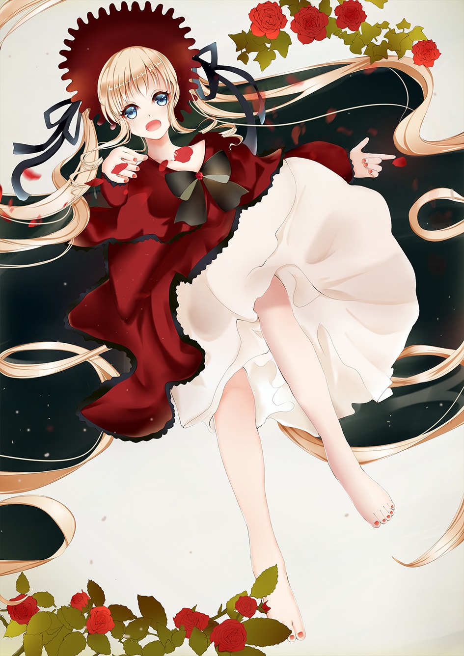 1girl barefoot blonde_hair blue_eyes dress flower hat image long_hair nail_polish open_mouth petals pink_rose red_flower red_rose rose rose_petals shinku solo thorns twintails very_long_hair