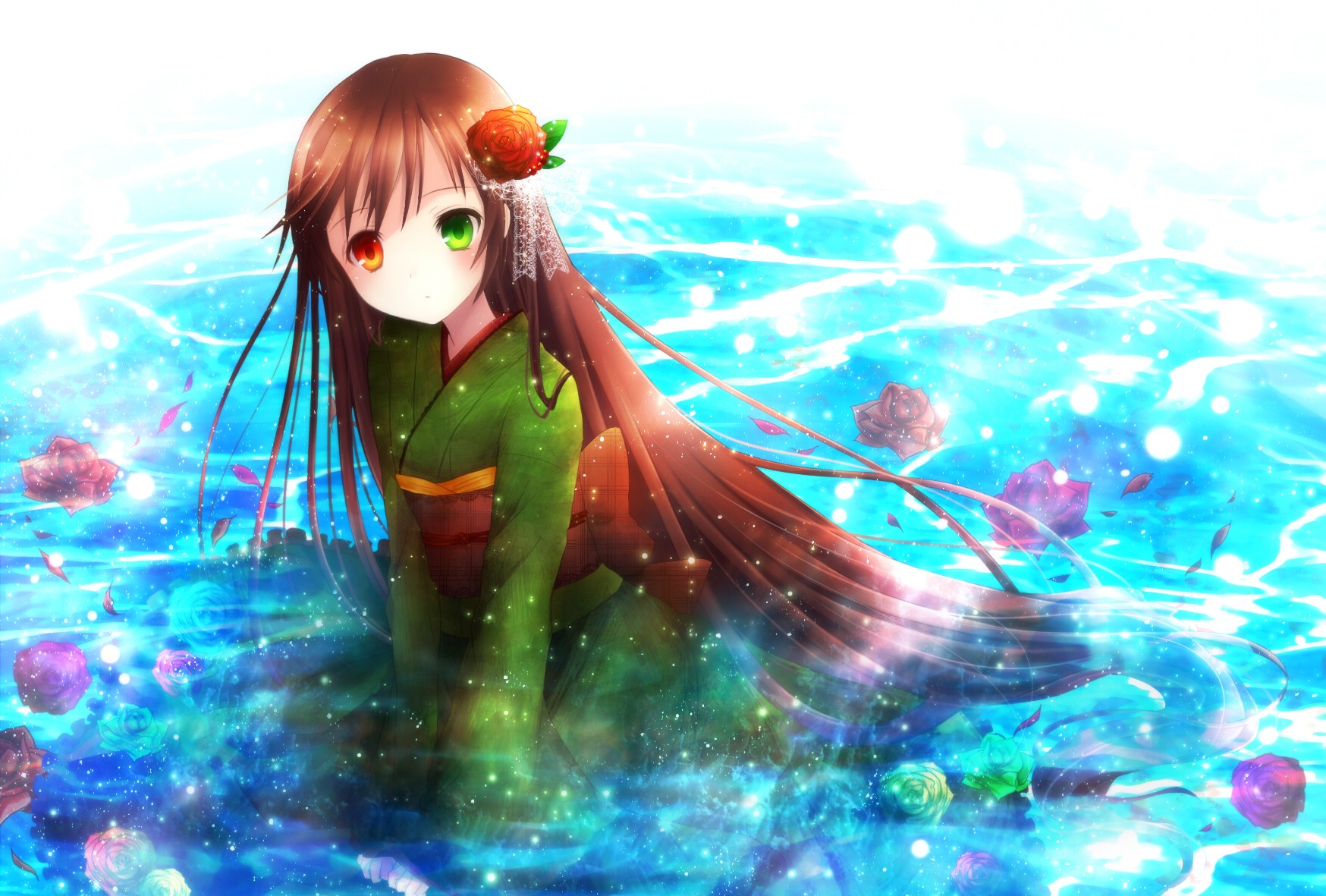 1girl brown_hair flower green_eyes hair_flower hair_ornament heterochromia image japanese_clothes kimono long_hair red_eyes red_flower red_rose rose solo suiseiseki very_long_hair water