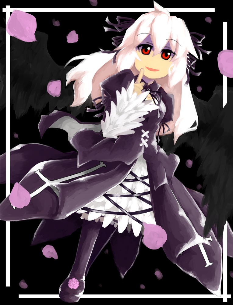 1girl black_legwear black_ribbon black_wings dress frills full_body image long_hair long_sleeves looking_at_viewer open_mouth pantyhose petals red_eyes ribbon smile solo suigintou transparent_background white_hair wings