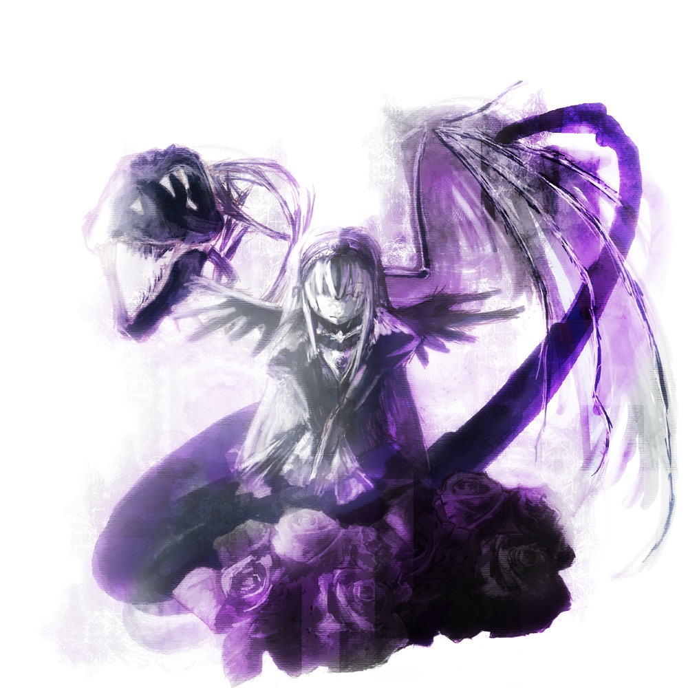 1girl black_flower black_rose blue_rose dress flower image long_hair long_sleeves purple_flower purple_rose purple_theme rose solo suigintou wings